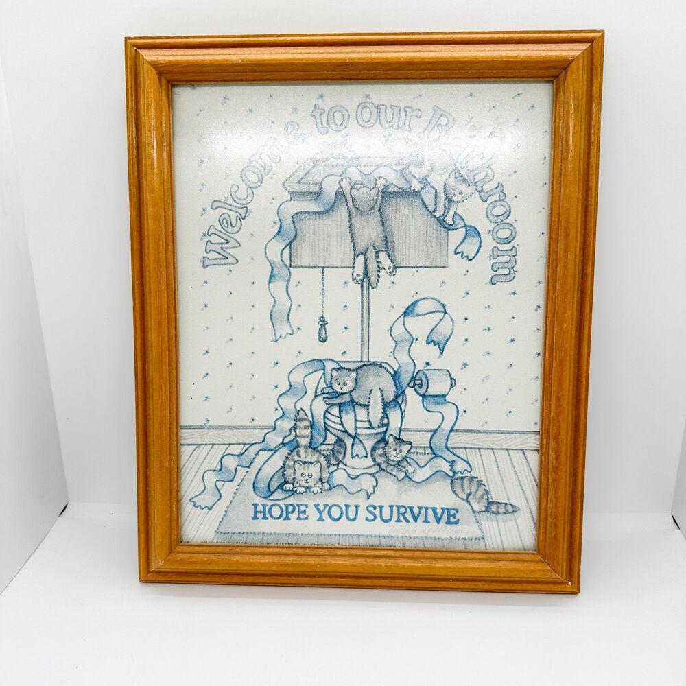 Vintage Figi Graphics Framed Cat Print Welcome Bathroom Art